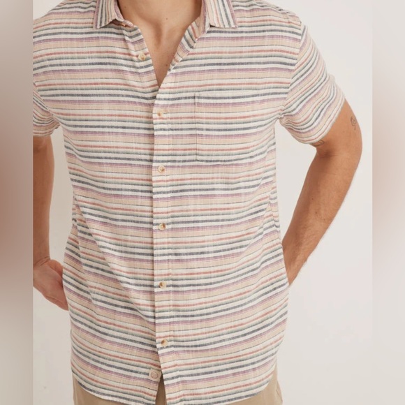 Marine Layer Short Sleeve Stretch Selvage Shirt in Multi Stripe Men’s M Cotton